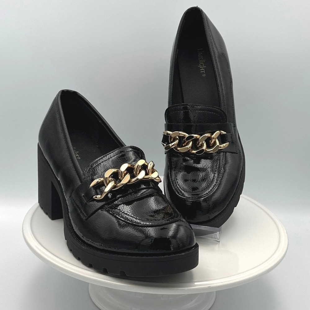 Limelight Adriana Black Patent Chunky Chain Block Heel Loafers Women Size 8.5M